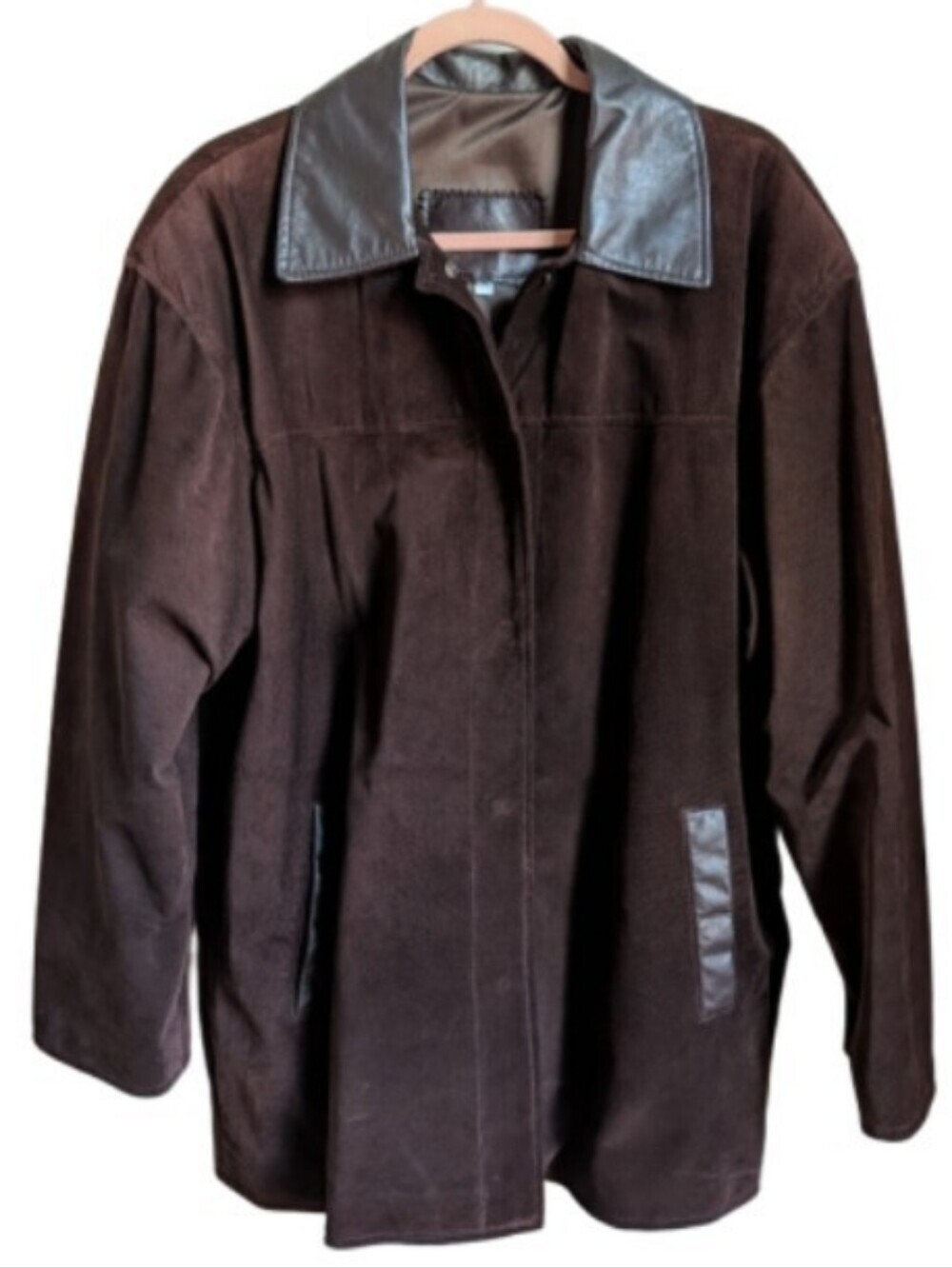 VINTAGE Chocolate Brown Suede Casual Minimalist Leather Trim Coat Size XL